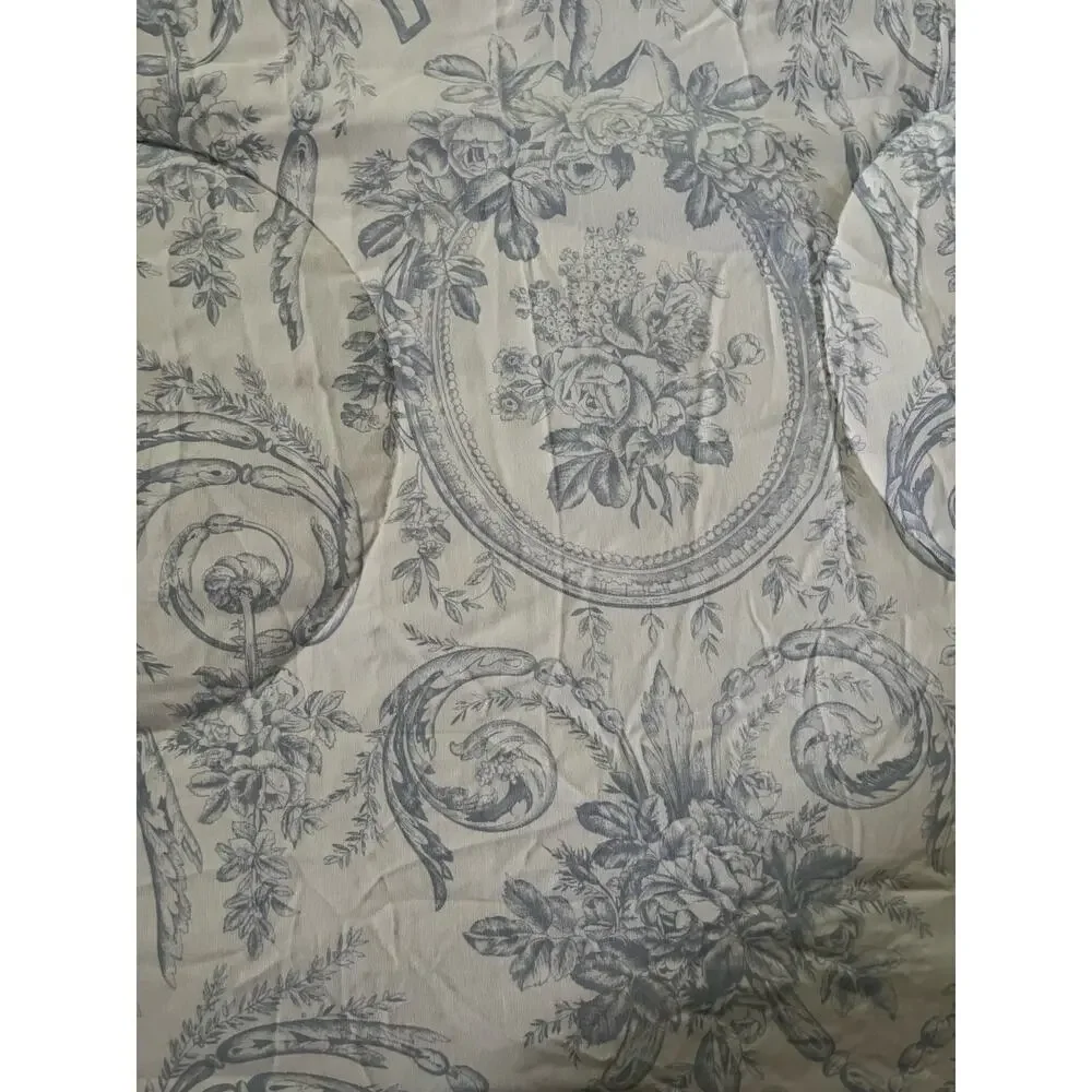 Vintage French country Toile‎ Cream Blue Queen Quilt Comforter Bedspread 2 Shams